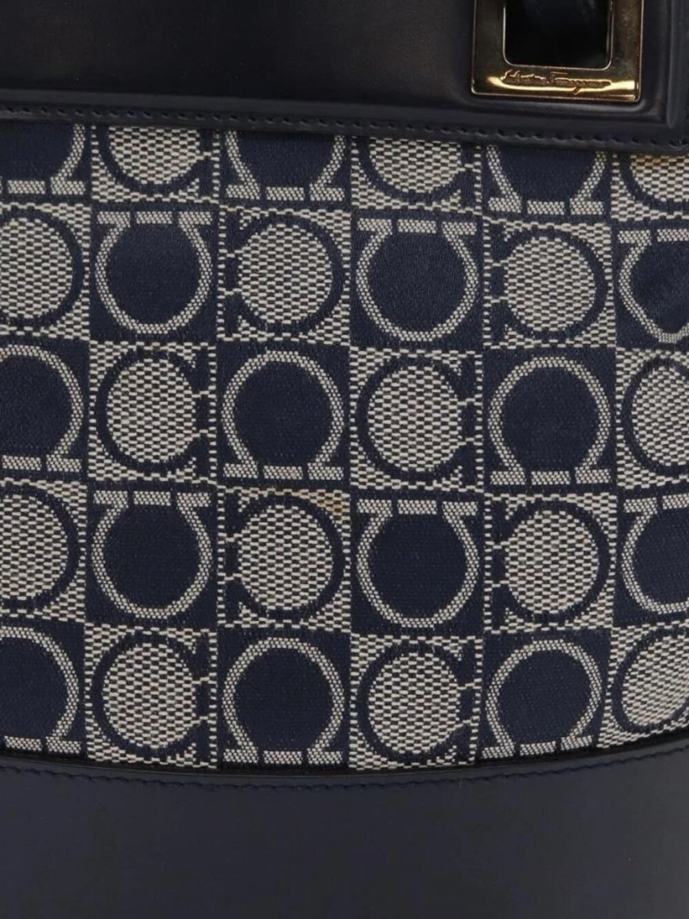 Salvatore Ferragamo Gancini Shoulder Bag Canvas Navy Gold Auth BA10109 - Picture 3 of 16
